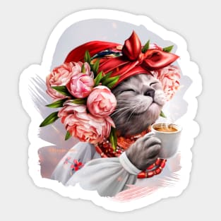 Happy ukrainian cat with coffe cup Sticker